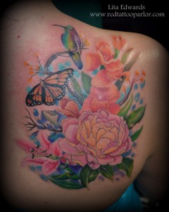 Floral, Hummingbird, Butterfly Color Lineless Tattoo