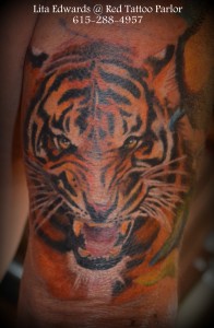 Lineless Realistic Snarling Tiger Tattoo